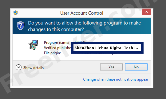 Screenshot where ShenZhen Liehuo Digital Tech Inc appears as the verified publisher in the UAC dialog